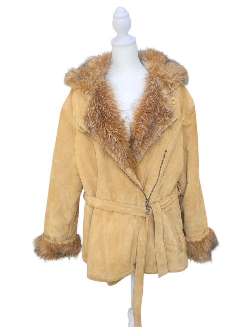 Wilson’s Leather Y2K Genuine Leather Boho Jacket Faux Shearling Belted W/Hood